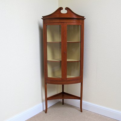 SATINWOOD BOW FRONTED CORNER DISPLAY CABINET